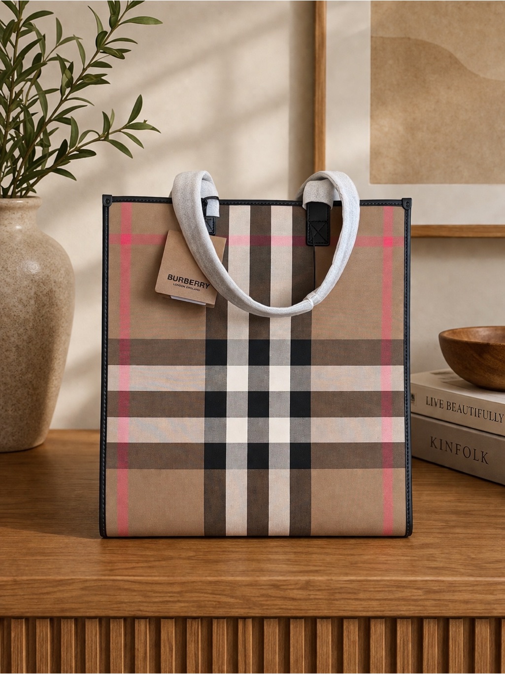 Burberry Medium Taupe Brown Check Book Tote Bag